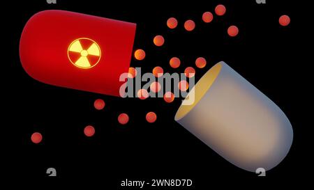 3d rendu des produits radiopharmaceutiques, ce sont des médicaments radioactifs ou des radio-isotopes. Ces médicaments peuvent être administrés par voie orale sous forme de pilule. Banque D'Images