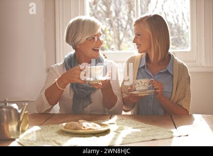 Maison, senior et fille avec thé pour le petit déjeuner avec biscuits, santé et collations avec femme. Personne féminine, sourire et bonheur avec mère Banque D'Images