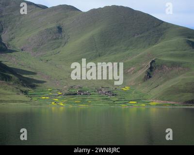 Lac Yamdrok, au Tibet, avec un emplacement de village isolé. Banque D'Images