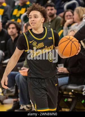 Février 29 2024 San Francisco CA, États-Unis le garde de San Francisco Ryan Beasley (0)définit le match de basket-ball masculin de la NCAA entre les Gonzaga Bulldogs et les San Francisco dons. Gonzaga a battu San Francisco 86-68 au Chase Center San Francisco Calif. Thurman James/CSM Banque D'Images