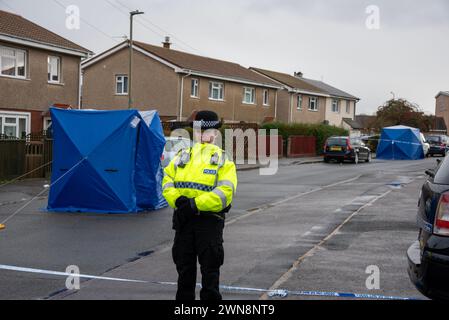 Oxford, 1er mars 2024. La police a fermé Bayswater Road et des parties d'autres routes voisines à Barton, une banlieue d'Oxford, après un incident de coups de couteau juste avant minuit le 29 février. Un homme a été arrêté. Crédit : Martin Anderson/Alamy Live News Banque D'Images