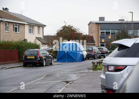 Oxford, 1er mars 2024. La police a fermé Bayswater Road et des parties d'autres routes voisines à Barton, une banlieue d'Oxford, après un incident de coups de couteau juste avant minuit le 29 février. Un homme a été arrêté. Crédit : Martin Anderson/Alamy Live News Banque D'Images