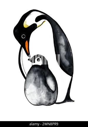 Illustration de deux pingouins isolés sur fond blanc. Un adulte et un enfant. Famille. Aquarelle. Le pingouin adulte plia la tête vers le HE de l'enfant Banque D'Images