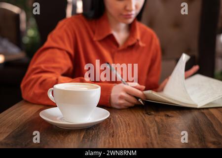 Journaliste féminine concentrée créant un article travaillant dans un café, faisant un croquis dans un cahier pour un nouveau projet de démarrage Banque D'Images