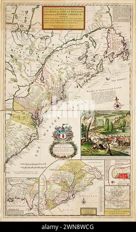 Carte vintage de 'Une carte nouvelle et exacte des dominions du roi de Grande-Bretagne sur le continent de l'Amérique du Nord. Par Herman Moll Geographer. 1715, Banque D'Images