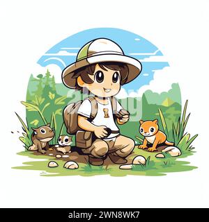 Illustration d'un garçon en tenue de safari avec ses amis. Illustration de Vecteur