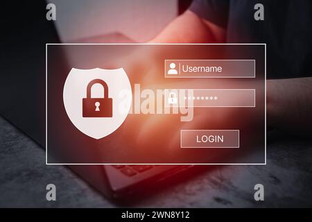 Femme utiliser un ordinateur portable avec interface hologramme pour login et mot de passe. Concept de cybersécurité. Protection des données et accès Internet sécurisé. Informations d'identité Banque D'Images