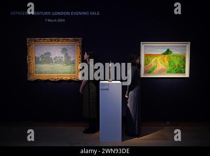 (De gauche à droite) œuvres de Claude Monet, Prairie fleurie a Giverny, 1890, estimation £5 500 000-8 500 000, Alberto Giacometti, figure 1, petite, coulé entre 1947 et 1948, estimé £1 000 000-1 500 000, et David Hockney, Rudston à Sledmere, août 2005, estimez 2 000 000-3 000 000£ exposées lors d'un appel photo pour le XXe/XXIe siècle : London Evening Sale et The Art of the Surreal Evening Sale chez Christie's à Londres. Date de la photo : vendredi 1er mars 2024. Banque D'Images