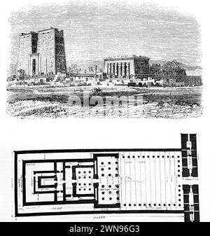 Illustration de la vue générale du Grand Temple d'Edfou comme dans biblique. Times et le plan du Temple au XIXe siècle antique illustrat Banque D'Images