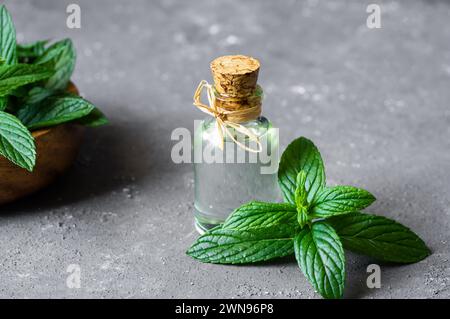 Bouteille en verre d'huile essentielle de menthe poivrée avec des feuilles de menthe verte fraîche sur fond rustique Banque D'Images