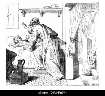 Illustration du prophète Elijah priant le Seigneur élevant la veuve du fils de Zarepath de la Bible de famille illustrée du XIXe siècle Banque D'Images