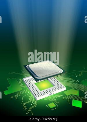 Unité centrale de traitement et socle sur une carte à circuit imprimé. Illustration numérique. Banque D'Images