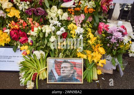 Londres, Royaume-Uni. 1er mars 2024. Les partisans d'Alexei Navalny continuent de laisser des fleurs et des hommages au mémorial de fortune en face de l'ambassade de Russie à Londres alors que les funérailles du leader de l'opposition ont lieu à Moscou. Crédit : Vuk Valcic/Alamy Live News Banque D'Images