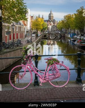 Vélo emblématique peint en rose sur le dans le quartier rouge d'Amsterdam, pays-Bas Banque D'Images