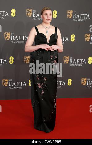 Greta Gerwig assiste aux EE BAFTA film Awards 2024 au Royal Festival Hall de Londres, en Angleterre. Banque D'Images