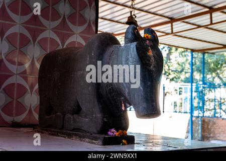 Feb.14th2024 Uttarakhand, Inde, Ancient artisanalement sculptures en pierre Nandi compagnon de route symbolique sur Lord Shiva, Ekeshwar Mahadev Temple, Pauri Garh Banque D'Images