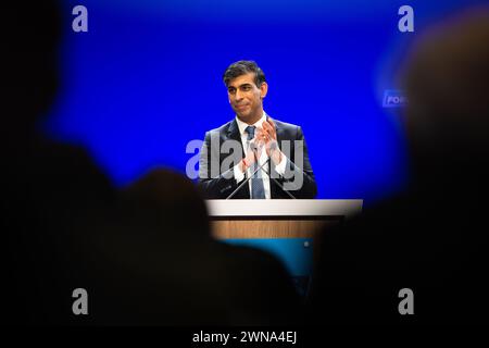 Aberdeen, Écosse, Royaume-Uni. 1er mars 2024. Conférence conservatrice écossaise 2024 : Rishi Sunak s'exprimant à la Conférence conservatrice écossaise au P&J Live Events, Aberdeen, Écosse, Royaume-Uni crédit : Kay Roxby/Alamy Live News Banque D'Images