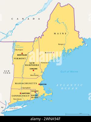 La Nouvelle-Angleterre, une région des États-Unis, carte politique. Maine, Vermont, New Hampshire, Massachusetts, Rhode Island et Connecticut avec capitales. Banque D'Images