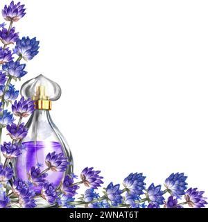 Une bouteille de parfum en verre transparent avec des fleurs de lavande. Parfum violet vintage avec parfum de lavande. Une illustration d'aquarelle dessinée à la main. Est Banque D'Images