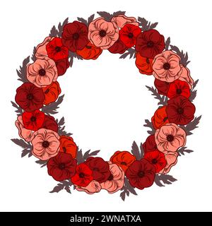 Une couronne de coquelicots rouges avec des feuilles. Isolé sur blanc. Belles fleurs sauvages. Motif floral. ( Pavot commun, pavot de maïs, rose de maïs, pavot des champs, Flandre Banque D'Images