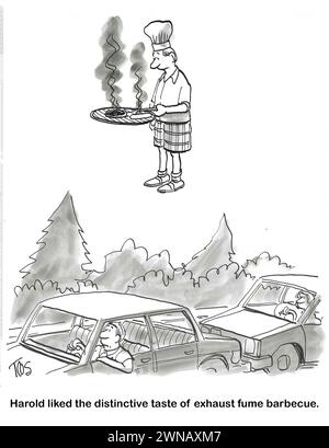 Dessin animé BW d'un homme cuisinant son barbecue au-dessus des capots des voitures sur l'autoroute. Banque D'Images