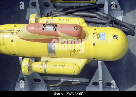 Première Guerre du Golfe : 20 mars 1991 Un sous-marin de déminage télécommandé PAP (poisson Auto-propulsion) de la Royal Navy (RCMDV MK2) à bord du HMS Dulverton (M35) au large du port de Shuaiba au Koweït. Banque D'Images