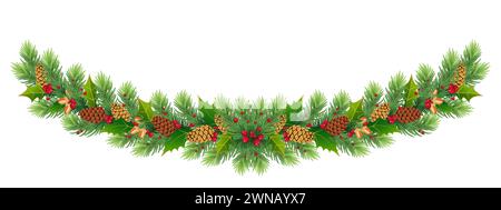 Carte cadeau du nouvel an de vacances avec, couronne de sapin sur fond blanc. Modèle pour une bannière, affiche, invitation. Couronne / guirlande de branche d'arbre de Noël Banque D'Images