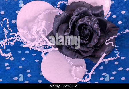 Rose noire avec fond rose et bleu affiche avec des découpes de papier dans des cercles, des points et des bandes de papier montrant une configuration de scène de fête ou de fête. Banque D'Images