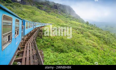 Un train serpente à travers les plantations de thé dans les hauts plateaux du Sri Lanka Banque D'Images