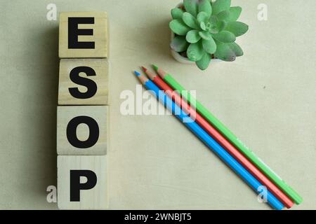 Concept des cubes en bois avec le mot ESOP sur fond de bois. Banque D'Images