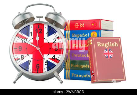 Cours d'anglais, concept de leçons. Livres avec réveil. Il est temps d'apprendre la langue anglaise, rendu 3D isolé sur fond blanc Banque D'Images