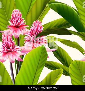 Gingembre rouge avec des feuilles. Diverses feuilles abstraites tropicales. Motif sans couture. fond tropical de fleurs oranges, feuilles vertes, papier peint, couverture, w Banque D'Images