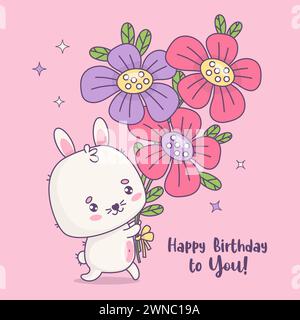 Lapin mignon avec bouquet de fleurs. Personnage animal kawaii drôle. Bonne carte d'anniversaire. Illustration vectorielle. Collection enfants. Illustration de Vecteur