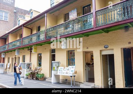 La région des Rocks Sydney, la colonie coloniale et l'architecture, les bâtiments classés au patrimoine dans Playfair Street abritent maintenant de petites boutiques et des magasins d'art, Nouvelle-Galles du Sud Banque D'Images