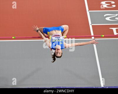 Glasgow, Écosse, Royaume-Uni. 01 mars 2024. Yaroslava MAHUCHIKH (UKR) termine 2e de la finale de saut en hauteur féminine lors des Championnats du monde d'athlétisme en salle à l'Emirates Arena, Glasgow, Écosse, Royaume-Uni. Crédit : LFP/Alamy Live News Banque D'Images