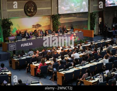 Nairobi. 1er mars 2024. Cette photo prise le 1er mars 2024 montre la cérémonie de clôture de la sixième session de l’Assemblée des Nations Unies pour l’environnement (ANUE-6) à Nairobi, au Kenya. L'ANUE-6 s'est tenue ici du 26 février au 1er mars. Crédit : Dong Jianghui/Xinhua/Alamy Live News Banque D'Images