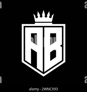 AB lettre logo monogramme gras bouclier de forme géométrique avec contour de couronne modèle de conception de style noir et blanc Banque D'Images