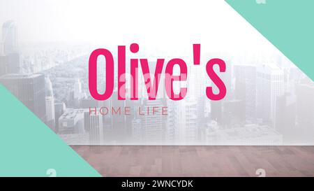 Texte rose de la vie à la maison d'olive sur un paysage urbain moderne avec deux coins verts Banque D'Images