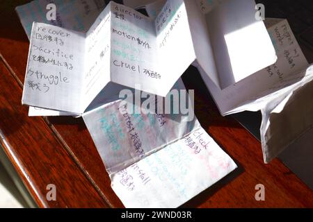 2 mars 2024. Ville de Sendai, préfecture de Miyagi, Japon.cartes de vocabulaire anglais. Banque D'Images