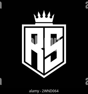 Lettre logo RS monogramme de forme géométrique de bouclier gras avec contour de couronne, modèle de conception de style noir et blanc Banque D'Images
