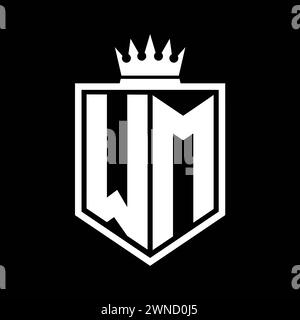 WM lettre logo monogramme gras bouclier forme géométrique avec contour de couronne modèle de conception de style noir et blanc Banque D'Images