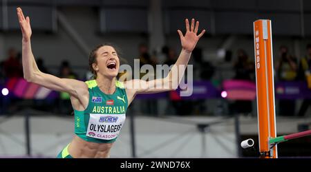 Glasgow, Grande-Bretagne. 1er mars 2024. L'australienne Nicola Olyslagers réagit lors de la finale féminine de saut en hauteur des Championnats du monde d'athlétisme en salle 2024 à Glasgow, Grande-Bretagne, le 1er mars 2024. Crédit : Li Ying/Xinhua/Alamy Live News Banque D'Images