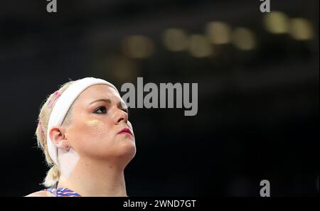 Glasgow, Grande-Bretagne. 1er mars 2024. Amelia Campbell, de Grande-Bretagne, réagit lors de la finale féminine des Championnats du monde d'athlétisme en salle 2024 à Glasgow, Grande-Bretagne, le 1er mars 2024. Crédit : Li Ying/Xinhua/Alamy Live News Banque D'Images
