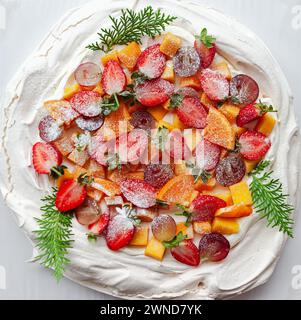 Un gâteau blanc pavlova orné de baies fraîches et d'une touche de verdure Banque D'Images