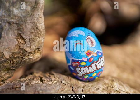 Stuttgart, Allemagne - 29 février 2024 : Blue Nestlé Smarties oeuf de pâques au printemps. Banque D'Images