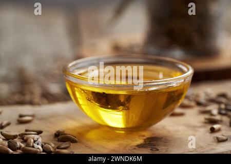 Huile de chardon Marie dans un bol avec des graines de Carduus marianus Banque D'Images