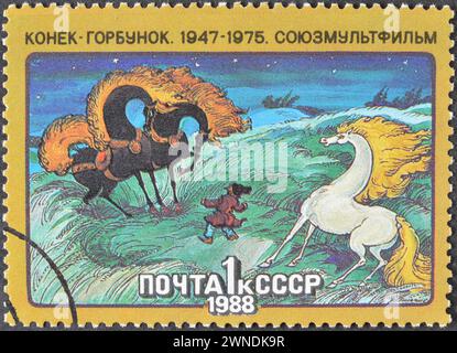 Timbre-poste oblitéré imprimé par l'URSS, qui montre film caricatural soviétique - Little Humpback Horse (1947-1975), Soyuzmultfilm, vers 1988. Banque D'Images