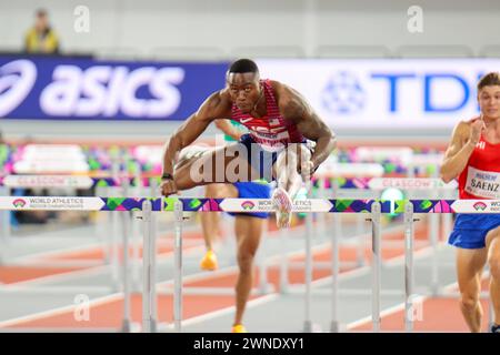 Glasgow, Royaume-Uni. 02 mars 2024. Emirates Arena, Glasgow, Écosse - samedi 2 mars : Grant HOLLOWAY (États-Unis d'Amérique - USA) participe aux manches du 60 mètres haies lors des Championnats du monde d'athlétisme en salle Glasgow 2024 à Emirates Arena le samedi 2 mars 2024 (Claire Jeffrey/SPP) crédit : SPP Sport Press photo. /Alamy Live News Banque D'Images