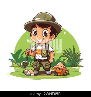 Garçon mignon en tenue safari avec pelle et champignon. Illustration vectorielle. Illustration de Vecteur