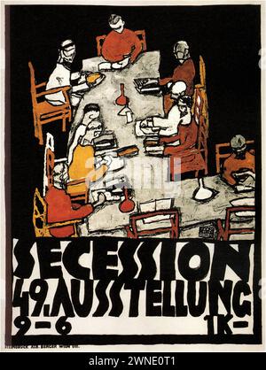 'SECESSION 49.AUSSTELLUNG 9-6' ['SECESSION 49th EXHIBITION 9-6'] publicité vintage. L'image présente une représentation expressionniste d'un groupe de personnes assis autour d'une table, peut-être dans un café ou une réunion, avec des contours audacieux et une palette de couleurs limitée, principalement rouge et noir, avec des touches de blanc et de jaune. Le style rappelle l'expressionnisme européen du début du XXe siècle. Banque D'Images